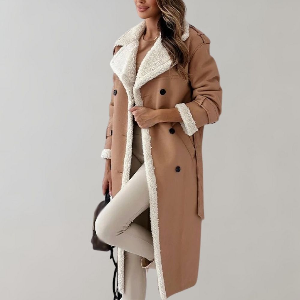 Aurélie | Manteau Long Femme Élégant à Double Boutonnage avec Doublure Chaude | Look Sophistiqué