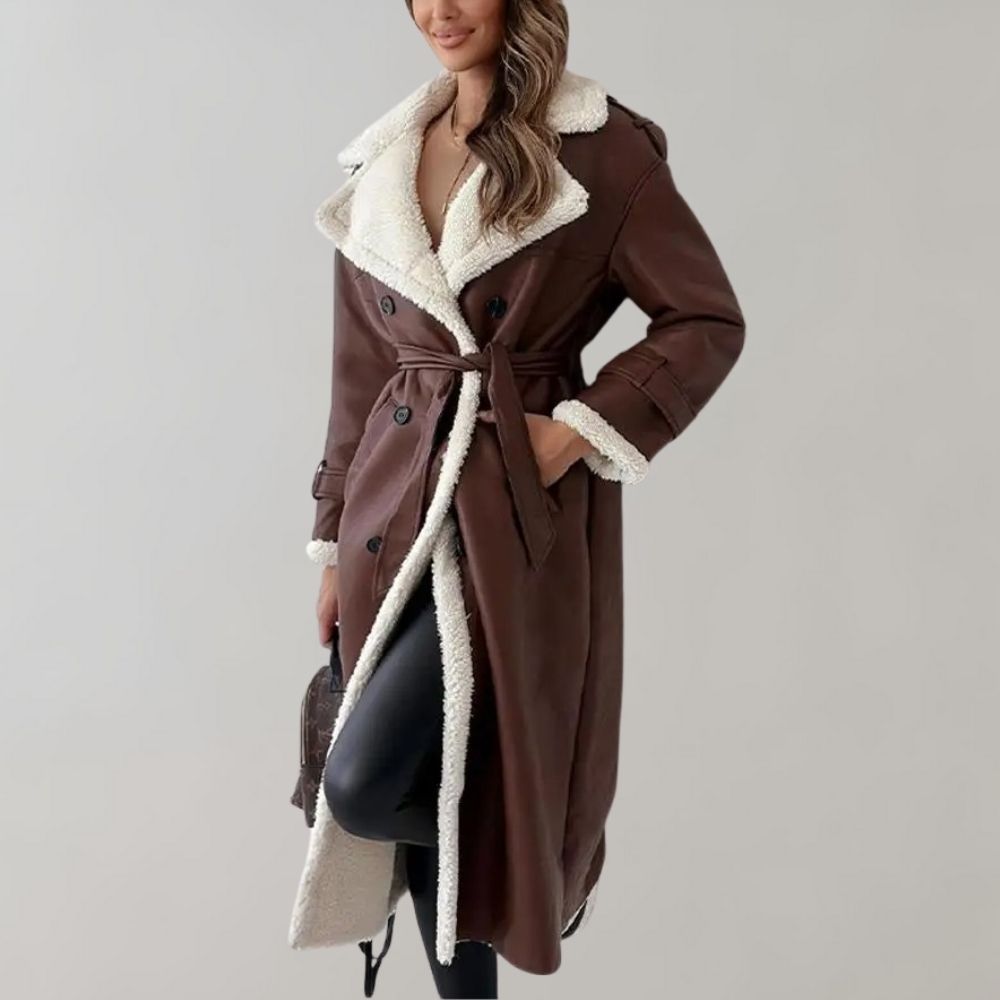 Aurélie | Manteau Long Femme Élégant à Double Boutonnage avec Doublure Chaude | Look Sophistiqué