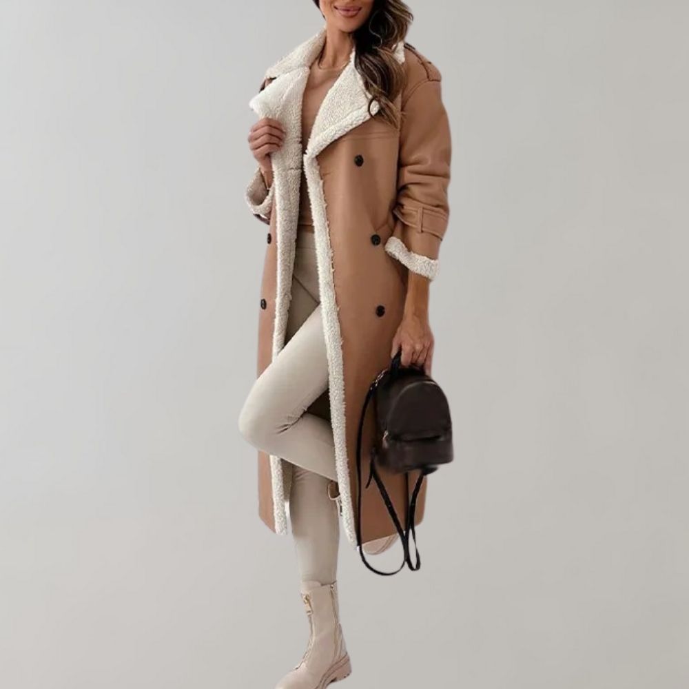 Aurélie | Manteau Long Femme Élégant à Double Boutonnage avec Doublure Chaude | Look Sophistiqué
