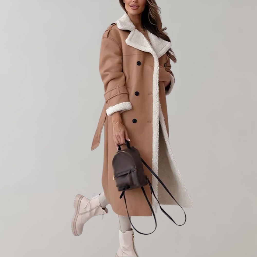 Aurélie | Manteau Long Femme Élégant à Double Boutonnage avec Doublure Chaude | Look Sophistiqué