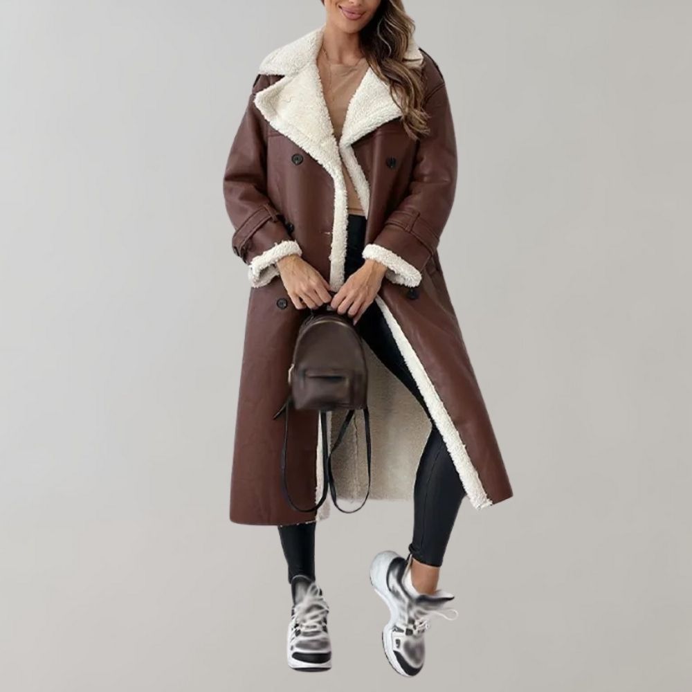 Aurélie | Manteau Long Femme Élégant à Double Boutonnage avec Doublure Chaude | Look Sophistiqué