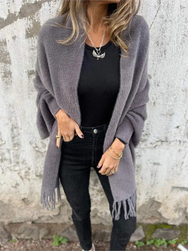 Bathilde – Cardigan Femme Manche Longue avec Franges et Écharpe Tricotée, Élégant et Décontracté
