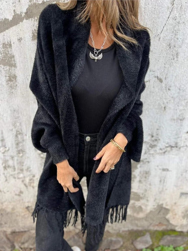 Bathilde – Cardigan Femme Manche Longue avec Franges et Écharpe Tricotée, Élégant et Décontracté