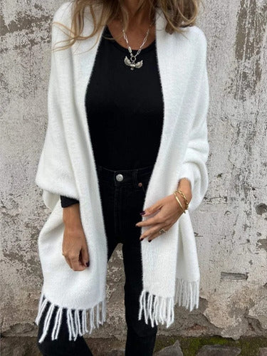 Bathilde – Cardigan Femme Manche Longue avec Franges et Écharpe Tricotée, Élégant et Décontracté