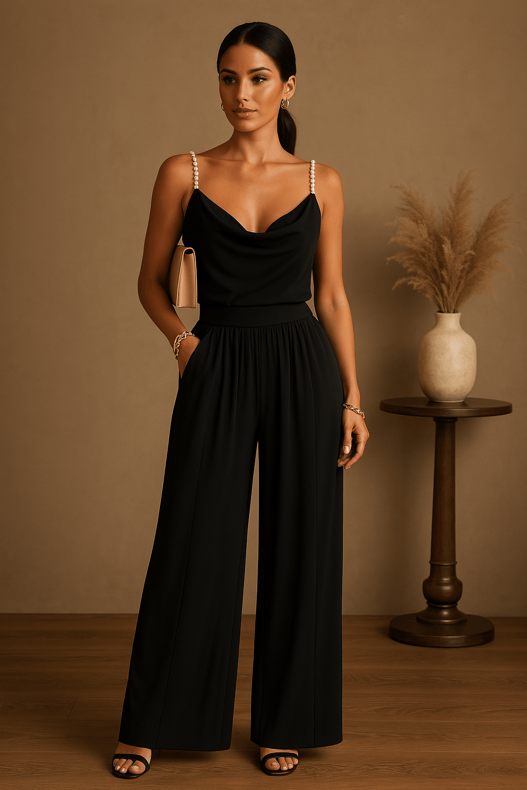 Yliana | Jumpsuit Femme Spaghetti Strap – Décolleté Profond et Pantalon Large Élégant pour Soirée et Mariage