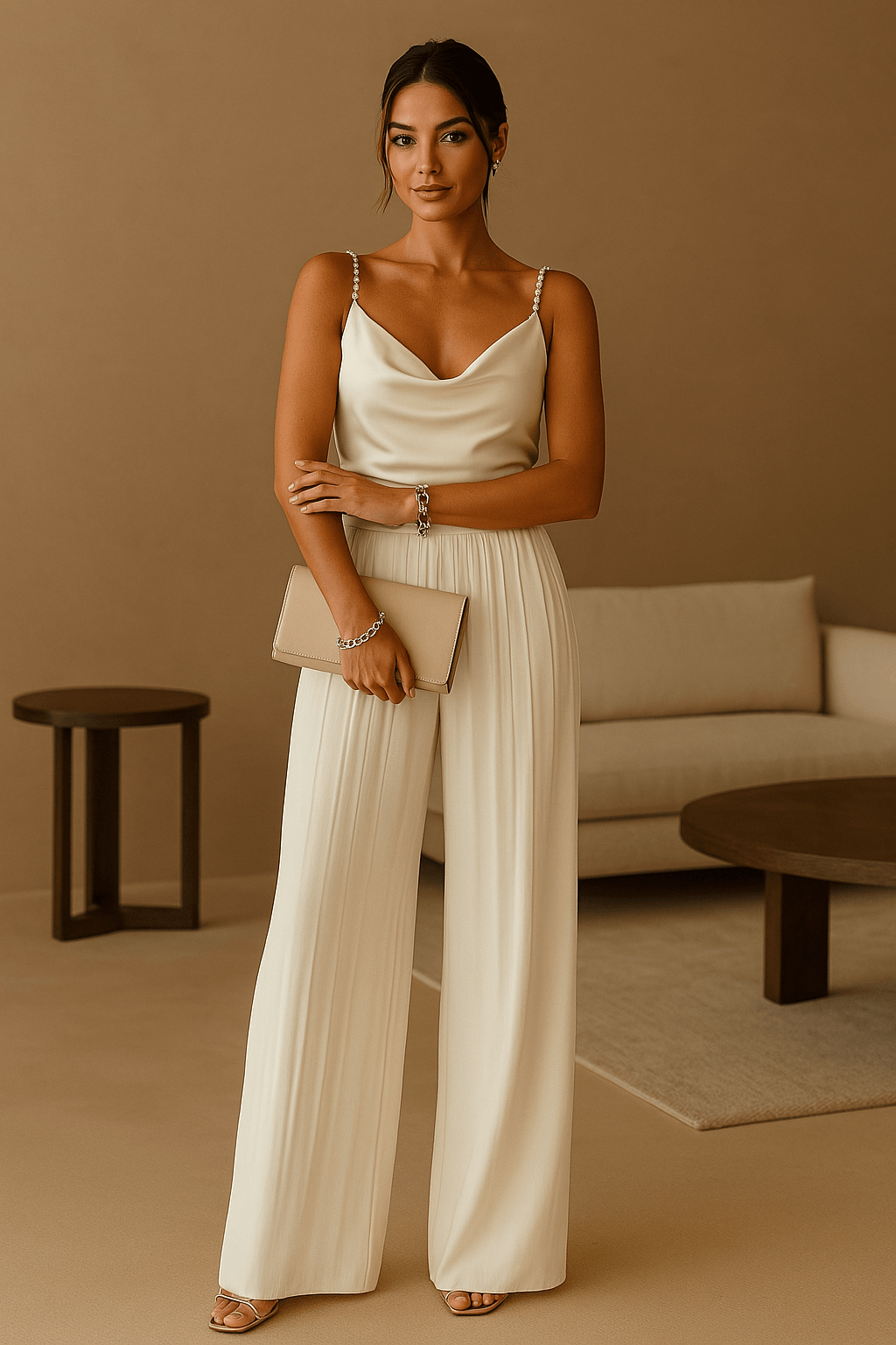 Yliana | Jumpsuit Femme Spaghetti Strap – Décolleté Profond et Pantalon Large Élégant pour Soirée et Mariage