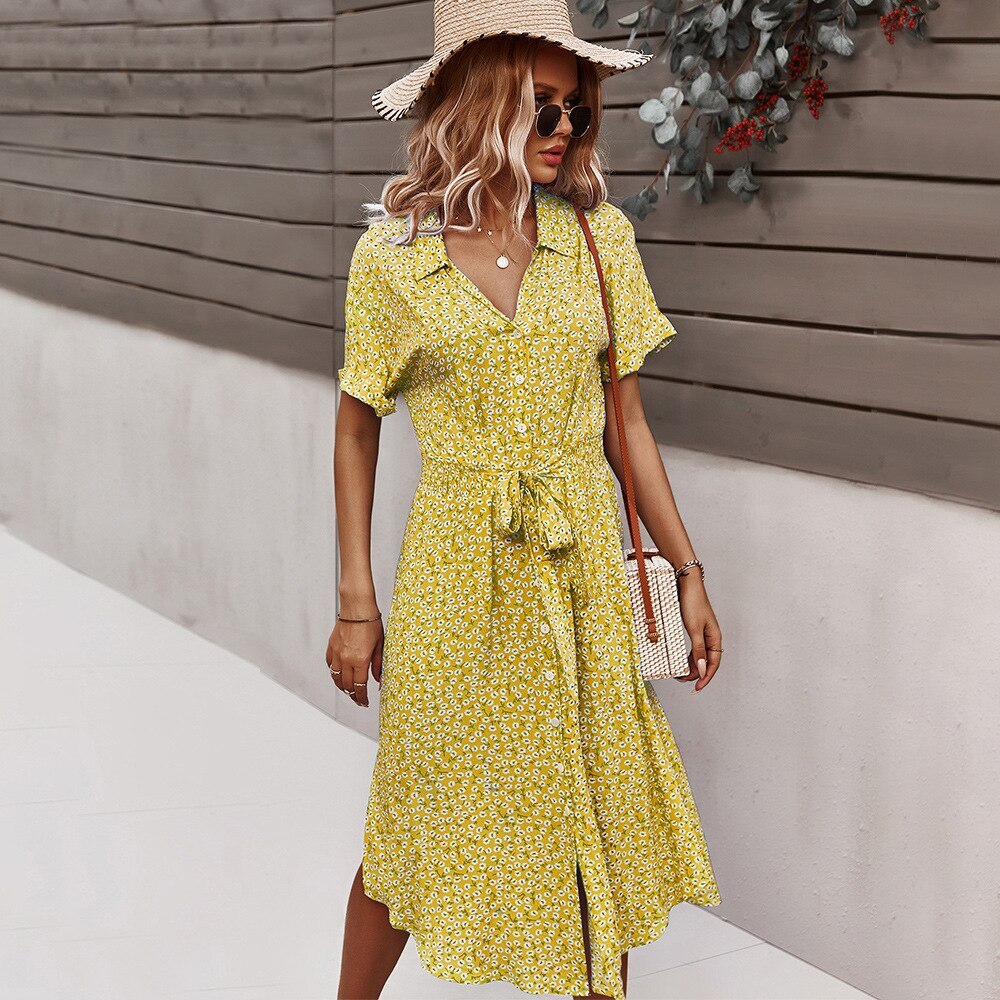 Piélane | Robe Midi Bohème Fleurie – Décolleté en V et Nœud Élégant