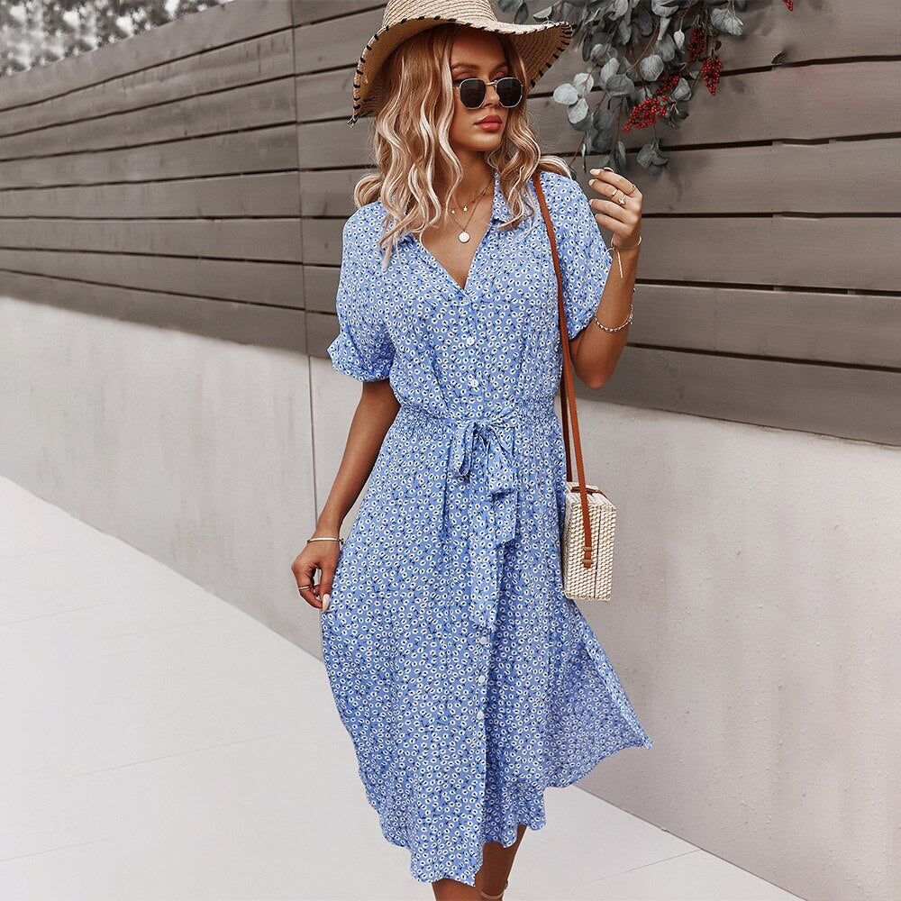 Piélane | Robe Midi Bohème Fleurie – Décolleté en V et Nœud Élégant