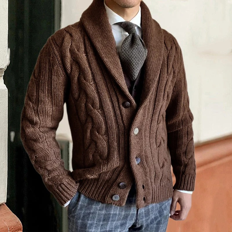 Francis | Cardigan Homme en Maille Torsadée avec Col Châle et Fermeture à Boutons