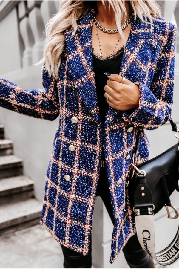 Zoéline | Manteau Vintage à Carreaux Double Boutonnage avec Col Revers – Élégant et Ajusté pour Femme