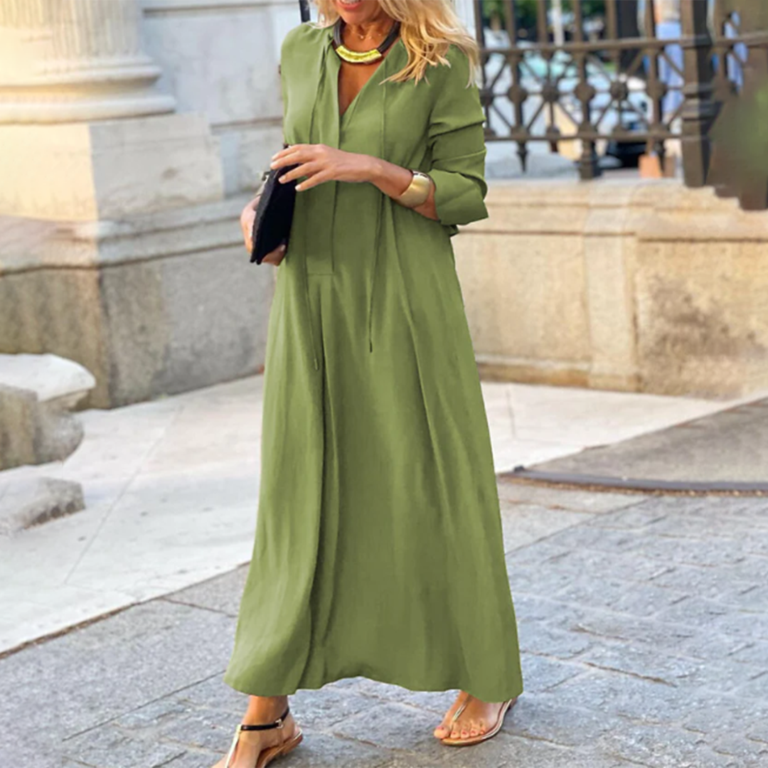Bénéva | Robe Longue Femme Col V à Manches Longues Coupe Ample et Confort Estival