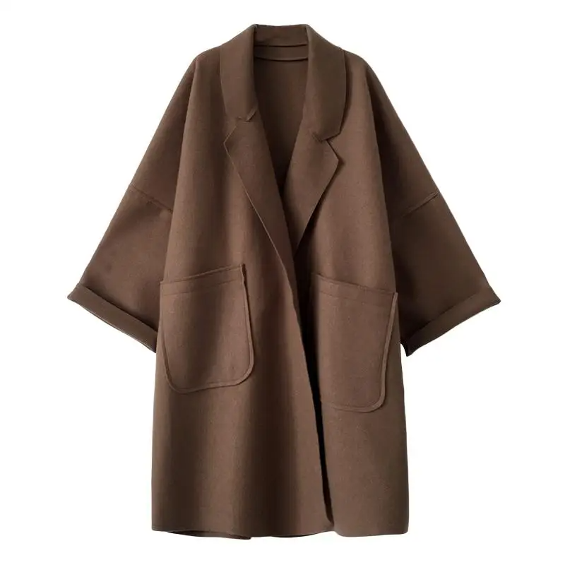 Liviane | Manteau Femme Oversize en Laine Mélangée, Long Ouvert avec Poches et Coupe Décontractée