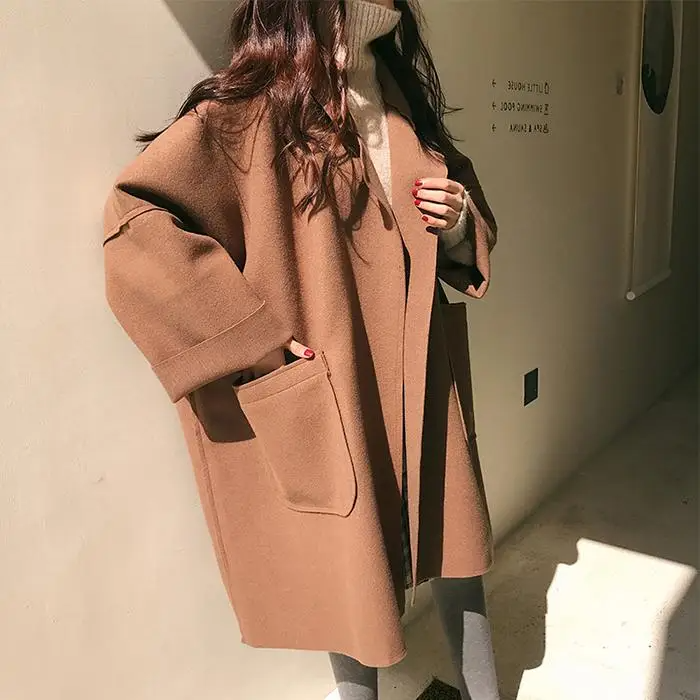 Liviane | Manteau Femme Oversize en Laine Mélangée, Long Ouvert avec Poches et Coupe Décontractée