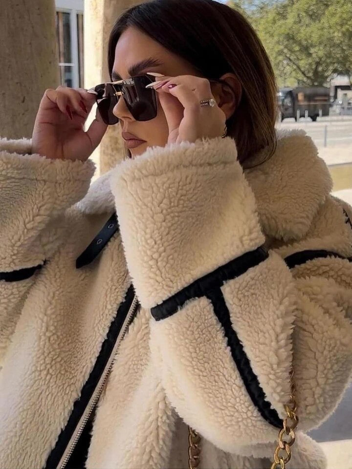 Waverly | Veste Femme Teddy Oversize avec Fermeture Zippée et Col Revers