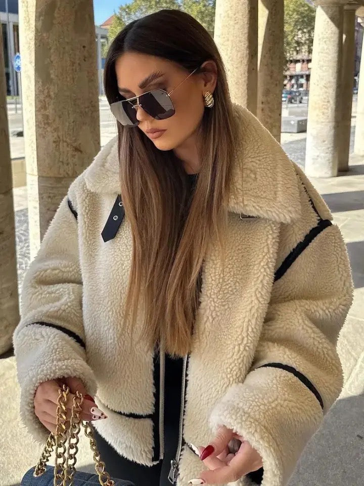 Waverly | Veste Femme Teddy Oversize avec Fermeture Zippée et Col Revers