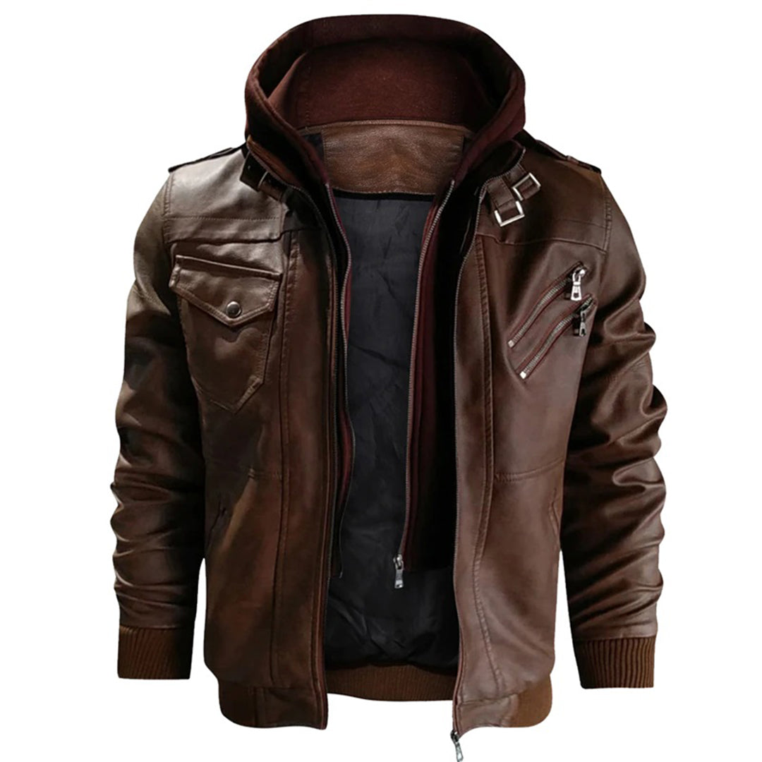 Norfield | Veste Homme Simili Cuir Cintrée avec Capuche Amovible, Poches Zippées et Épaulières Street Style