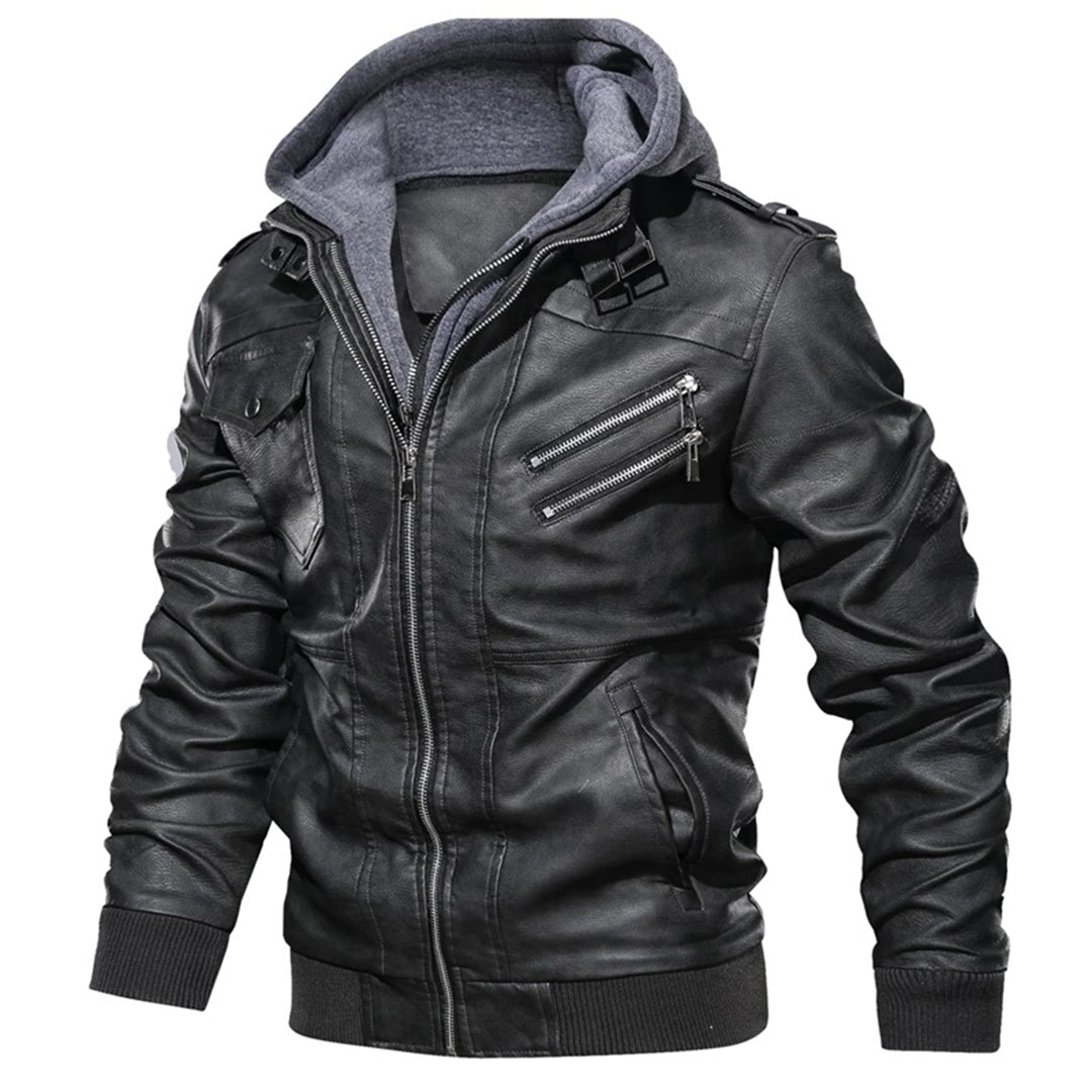 Norfield | Veste Homme Simili Cuir Cintrée avec Capuche Amovible, Poches Zippées et Épaulières Street Style