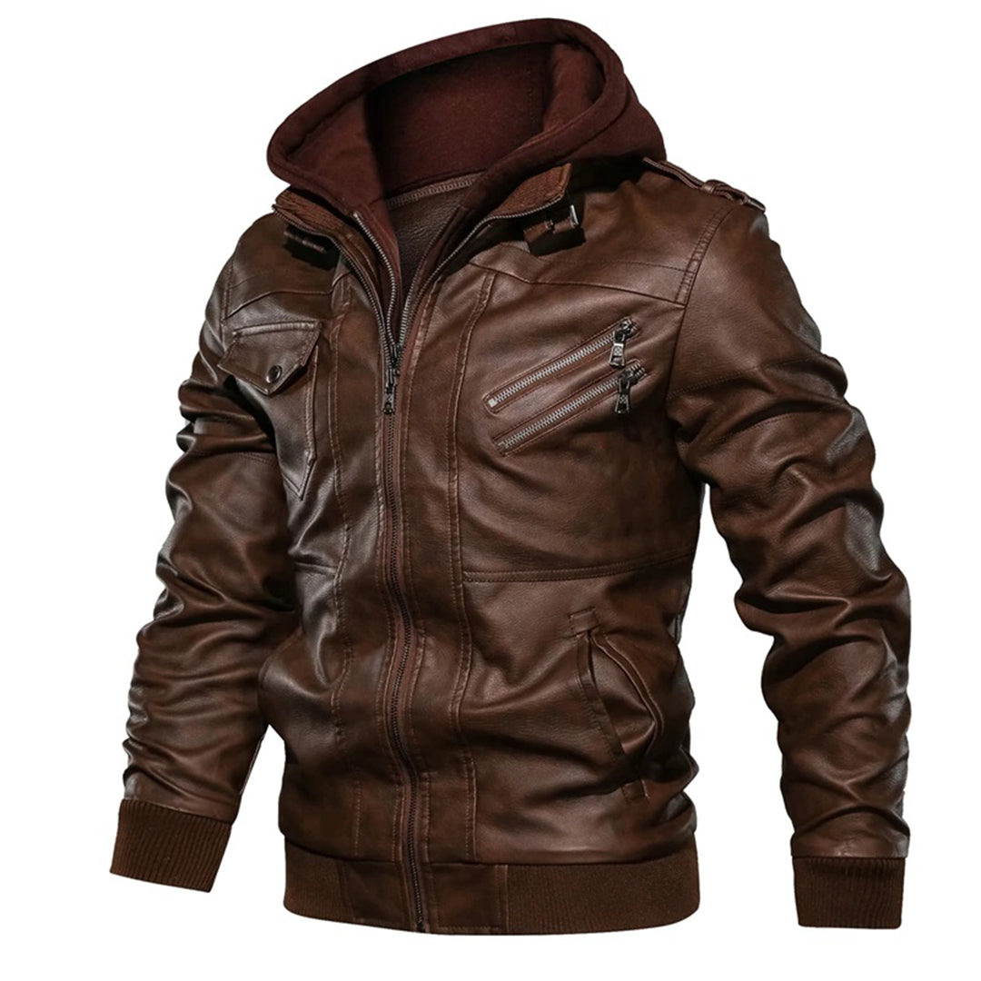 Norfield | Veste Homme Simili Cuir Cintrée avec Capuche Amovible, Poches Zippées et Épaulières Street Style