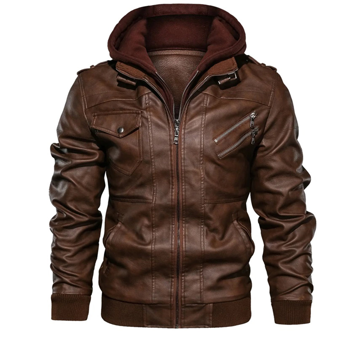 Norfield | Veste Homme Simili Cuir Cintrée avec Capuche Amovible, Poches Zippées et Épaulières Street Style
