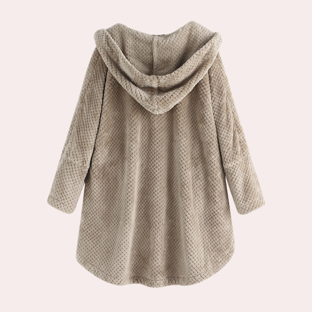 Apolline | Cardigan long à capuche en maille texturée, boutons élégants