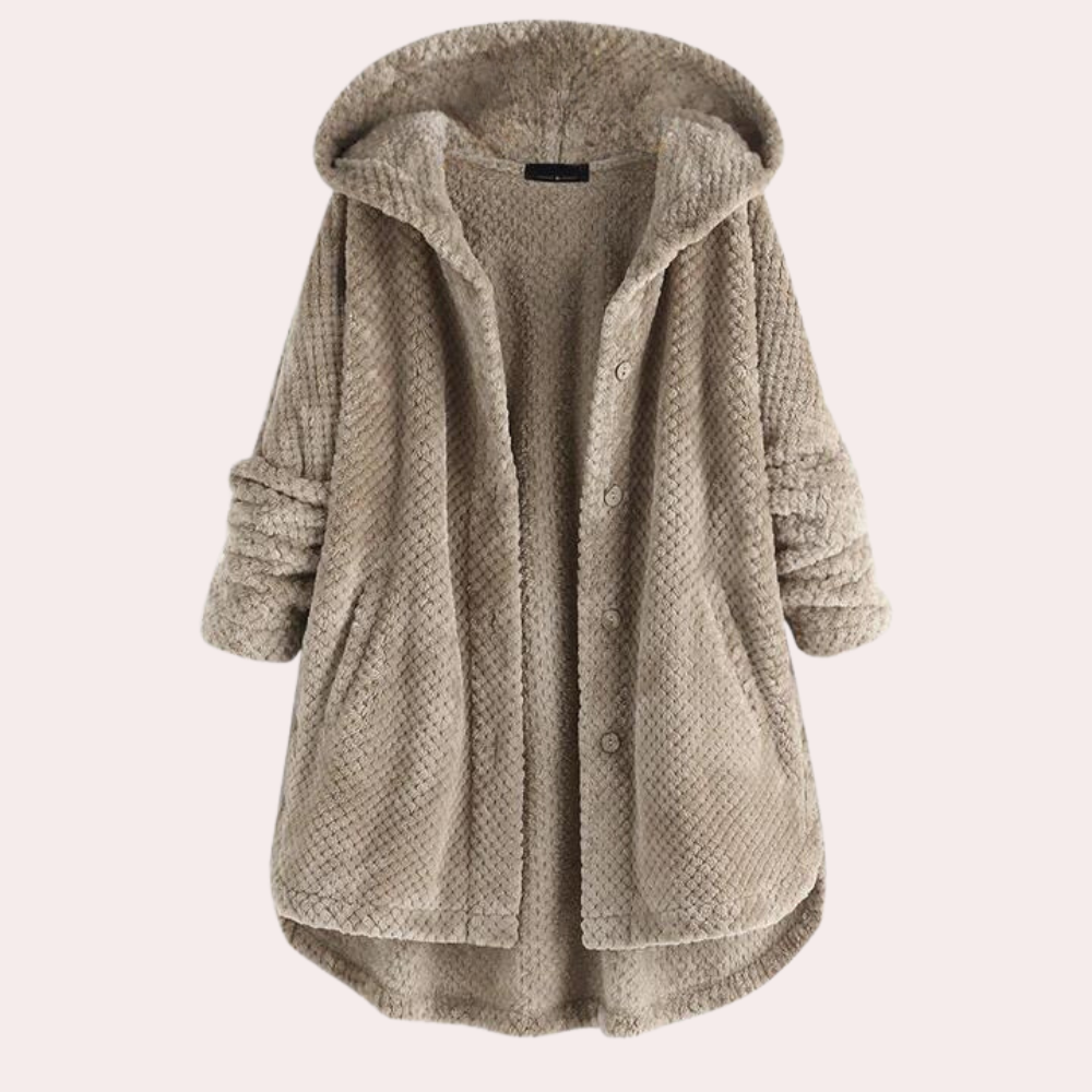 Apolline | Cardigan long à capuche en maille texturée, boutons élégants