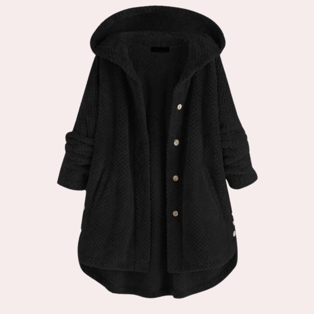 Apolline | Cardigan long à capuche en maille texturée, boutons élégants
