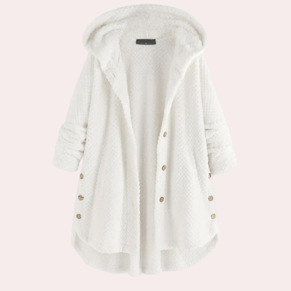 Apolline | Cardigan long à capuche en maille texturée, boutons élégants