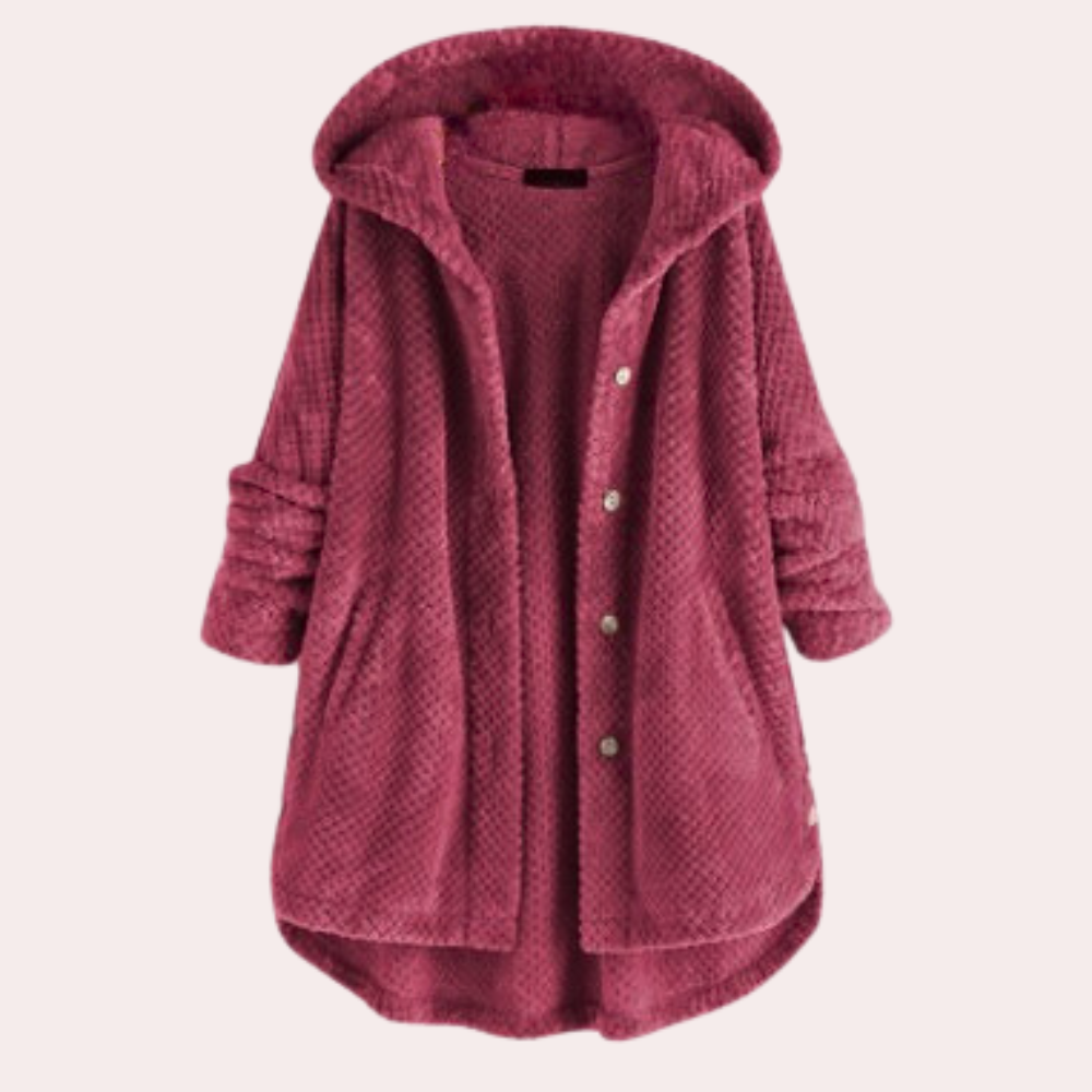 Apolline | Cardigan long à capuche en maille texturée, boutons élégants