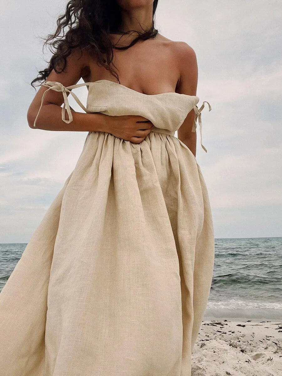 Rithane | Robe d’Été Maxi en Lin, Dos Nu avec Bretelles à Nouer