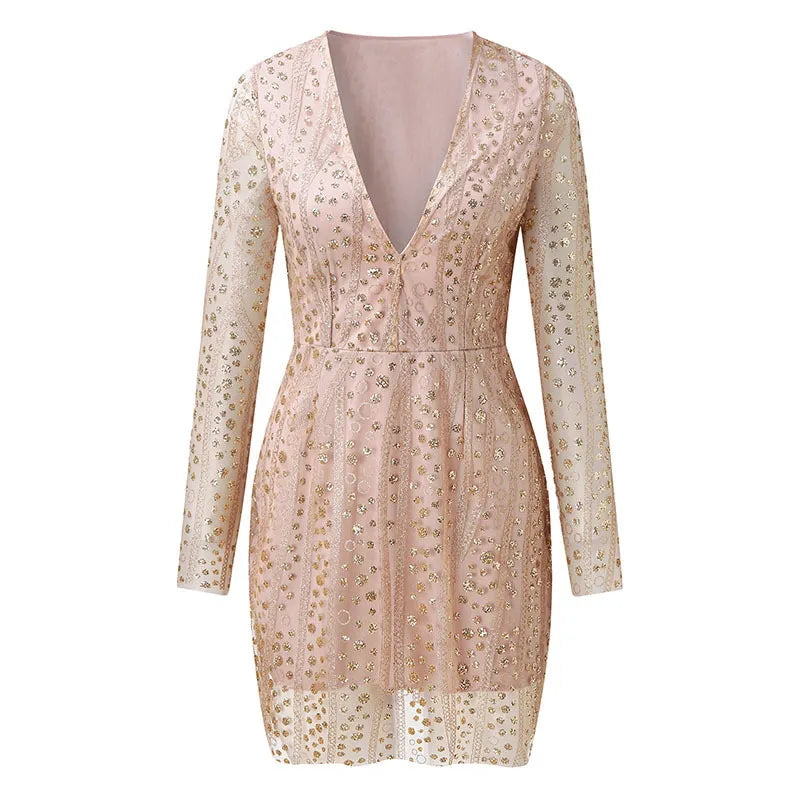 Méliane | Robe Mini à Paillettes, Décolleté Profond, Manches Longues, Coupe Ajustée