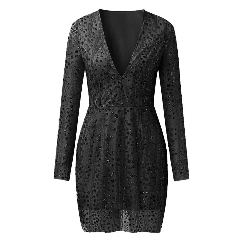Méliane | Robe Mini à Paillettes, Décolleté Profond, Manches Longues, Coupe Ajustée