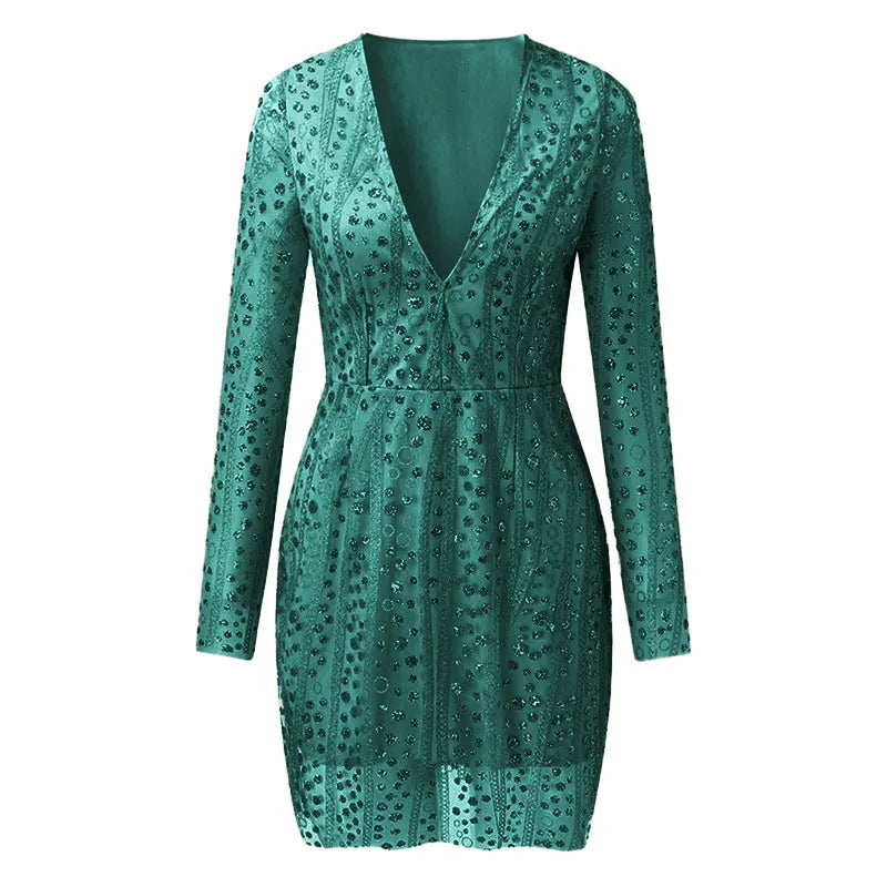 Méliane | Robe Mini à Paillettes, Décolleté Profond, Manches Longues, Coupe Ajustée