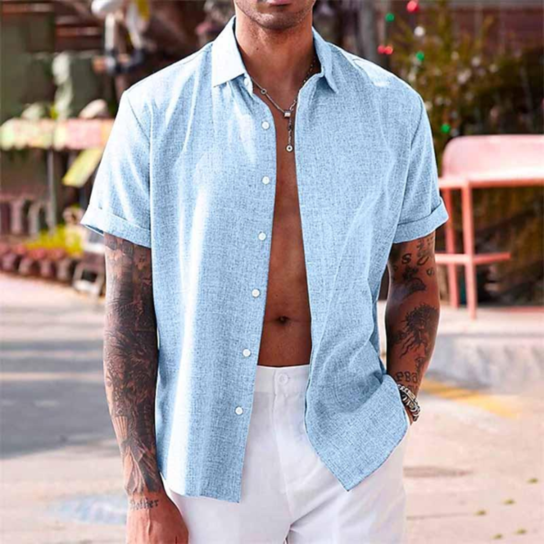Lorenz | Chemise Casual Homme en Coton et Lin à Manches Courtes, Col Revers et Boutonnée