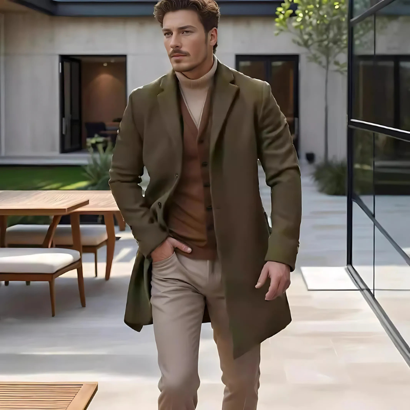Cayden – Manteau Homme Classique Regular Fit, Mi-Long, Simple Boutonnage avec Revers et Poches Latérales