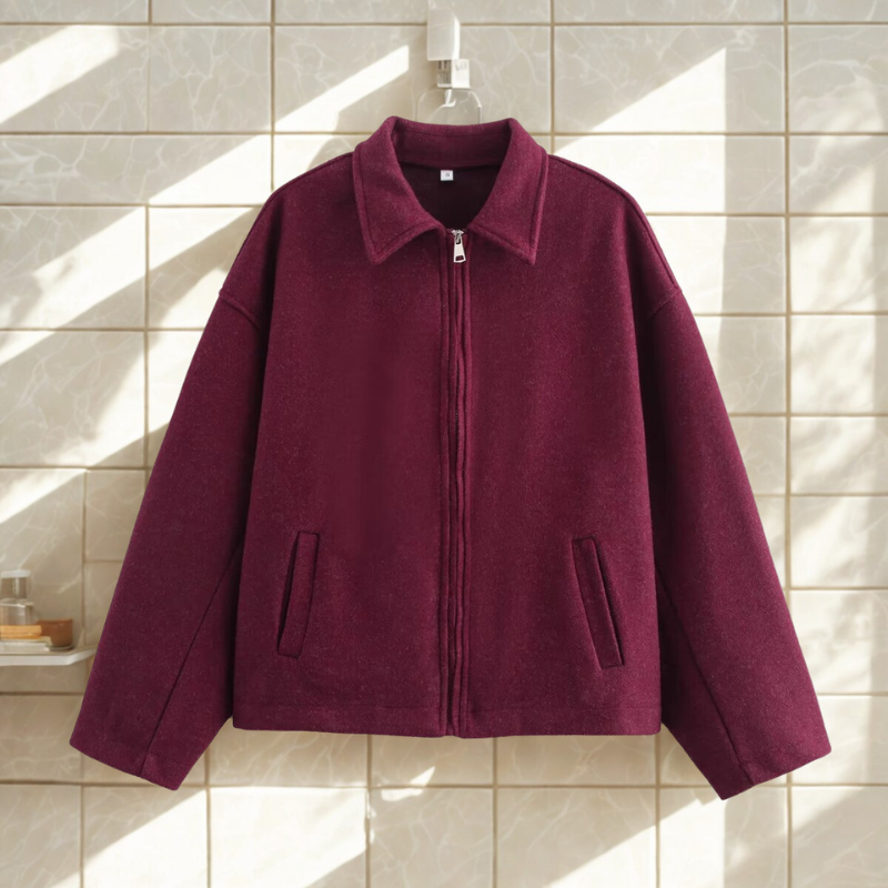 Euphrasie | Manteau Court Femme en Laine, Coupe Boxy, Col Pointu, Fermeture Zippée