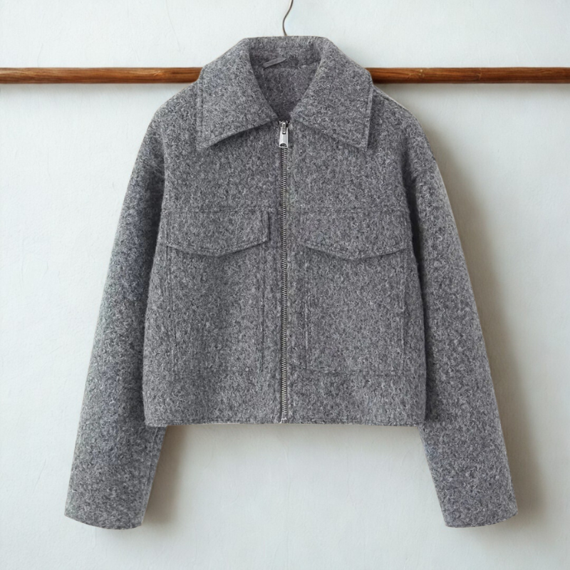 Euphrasie | Manteau Court Femme en Laine, Coupe Boxy, Col Pointu, Fermeture Zippée