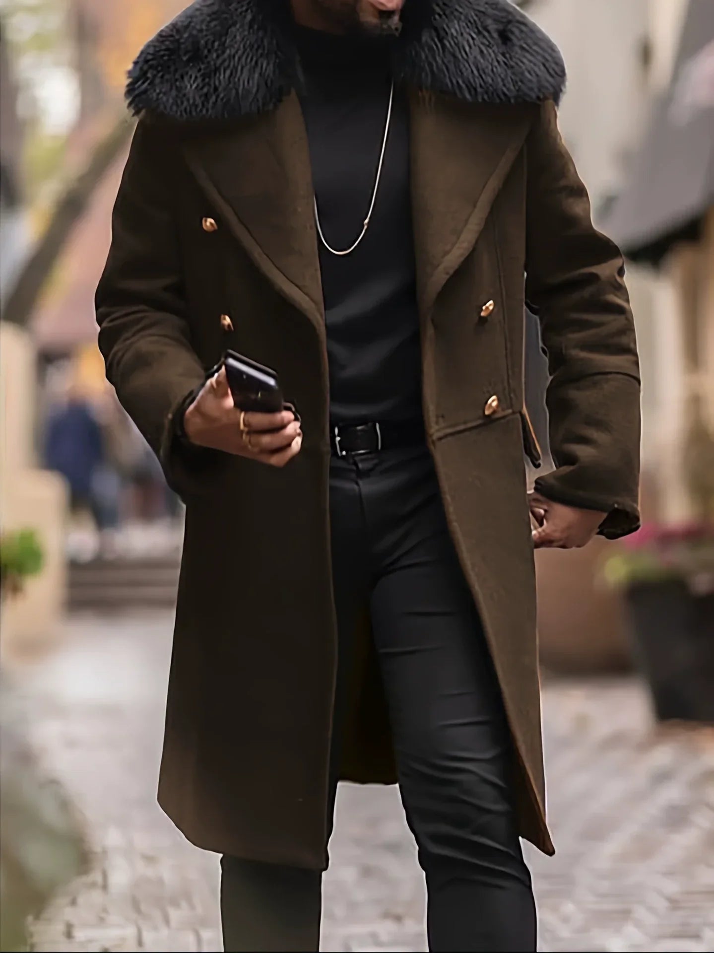 Francis | Manteau Homme Oversized Laine Mélangée Col Fourrure Doublé Double Boutonnage