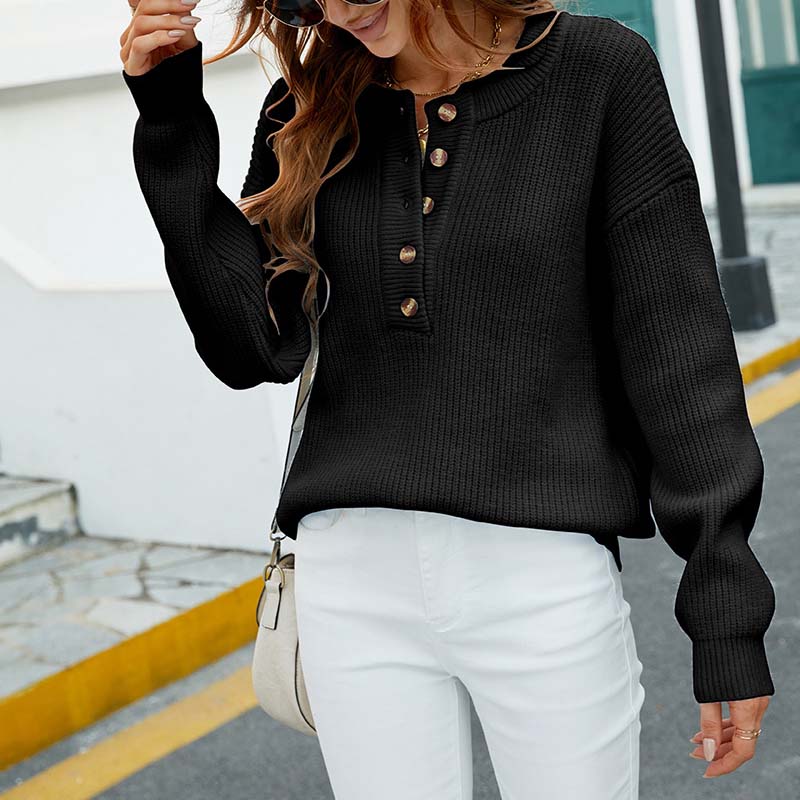 Emérentine | Pull femme en maille uni avec col rond et boutons décoratifs