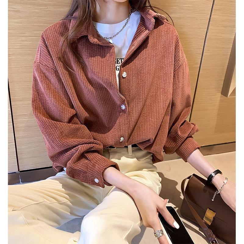 Brigitte | Chemise Femme à Manches Longues en Velours Côtelé Boutonné