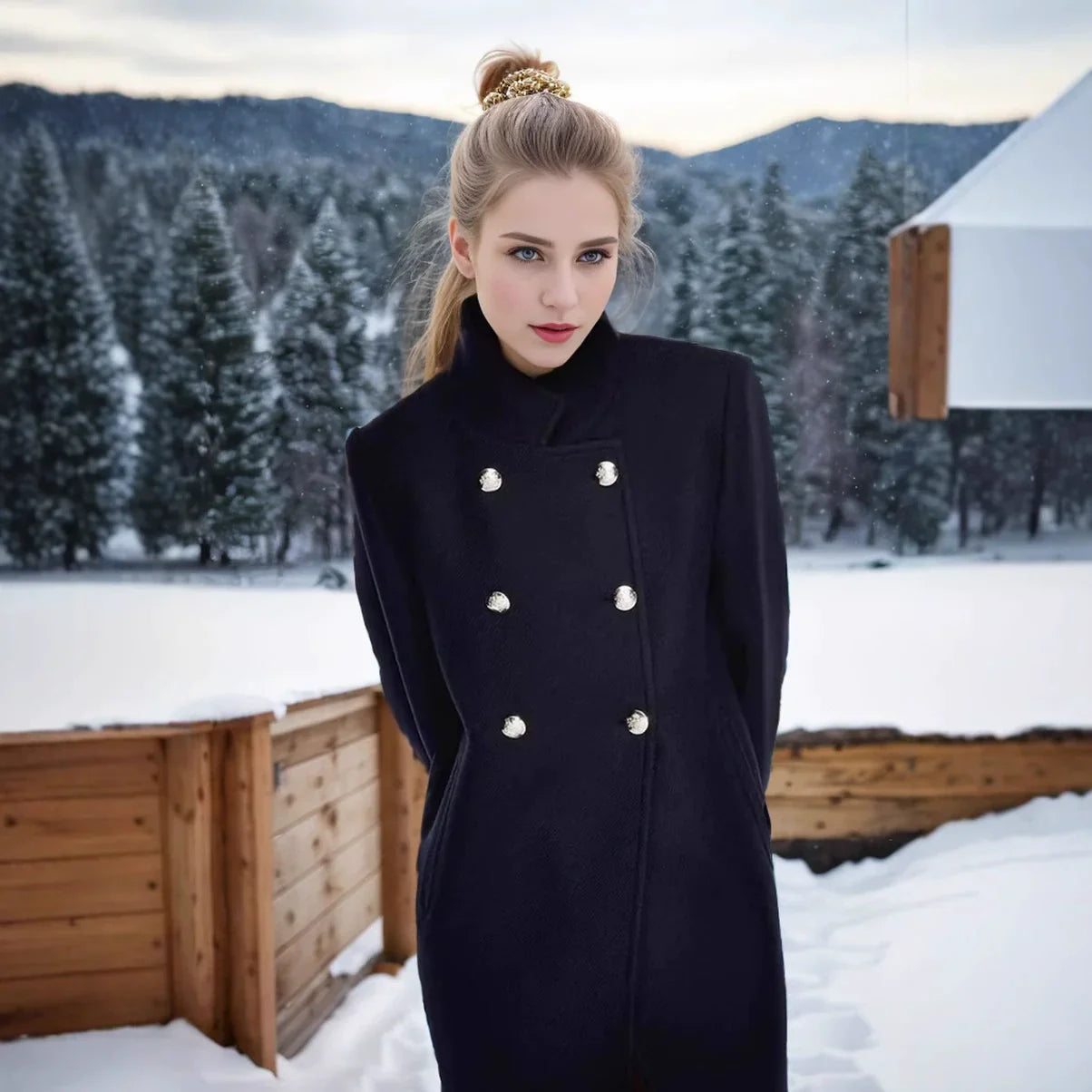 Cyrielle | Manteau Femme Fitté en Laine Mélangée avec Boutons Double Rangée et Col Montant