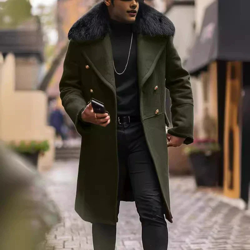 Francis | Manteau Homme Oversized Laine Mélangée Col Fourrure Doublé Double Boutonnage