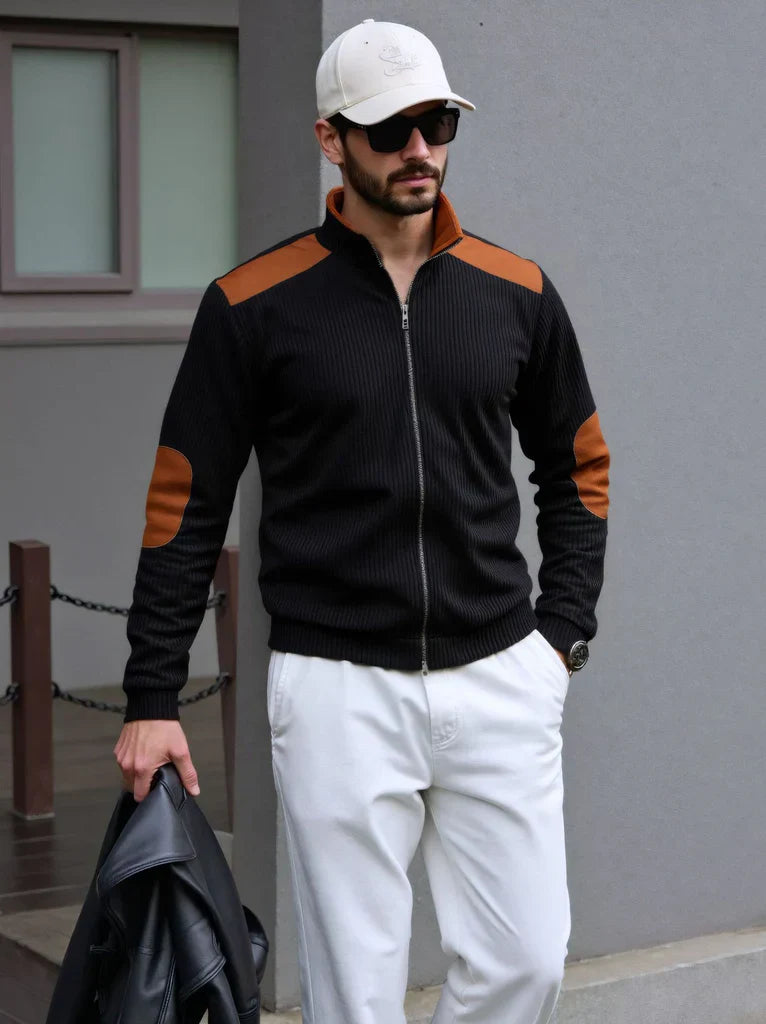 Hildric | Cardigan Zippé Homme en Maille, Coupe Regular, Patches Épaules & Coudes