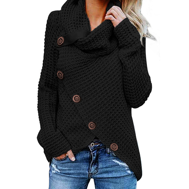 Léa | Sweatshirt Femme Relaxed Fit Maille Épaisse Col Roulé Asymétrique avec Boutons