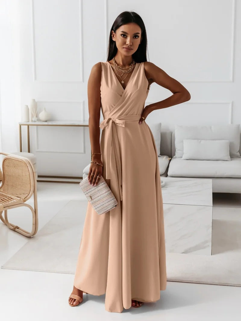 Fantine | Robe Maxi Femme Élégante Sans Manches Ceinture Taille Col V