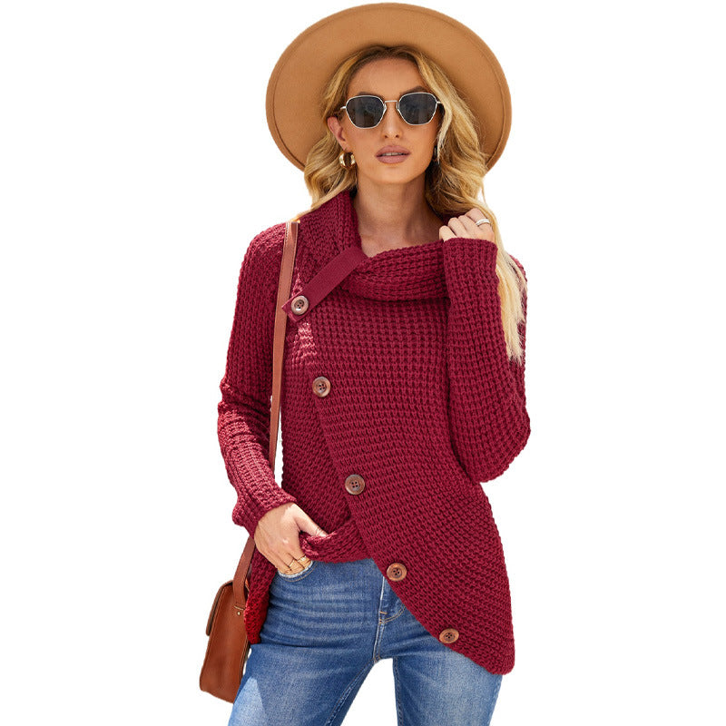 Léa | Sweatshirt Femme Relaxed Fit Maille Épaisse Col Roulé Asymétrique avec Boutons