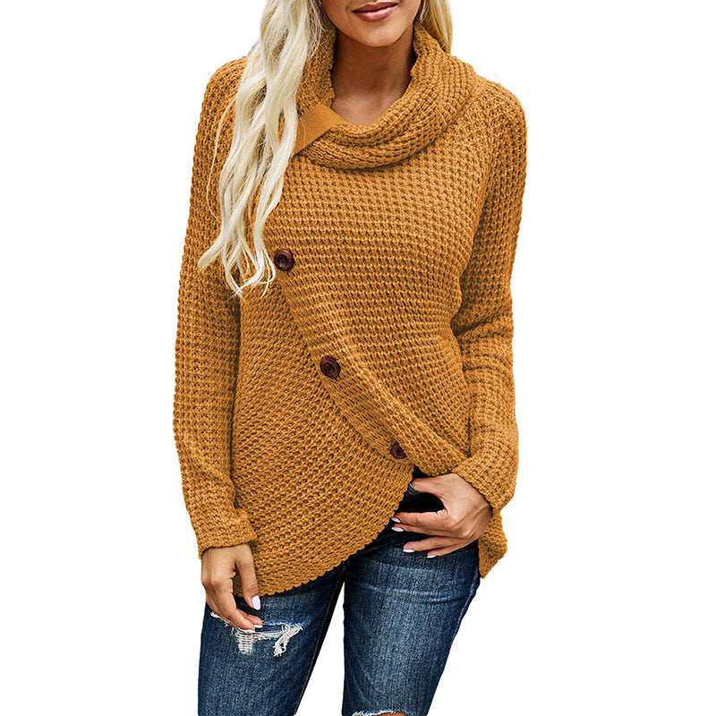 Léa | Sweatshirt Femme Relaxed Fit Maille Épaisse Col Roulé Asymétrique avec Boutons