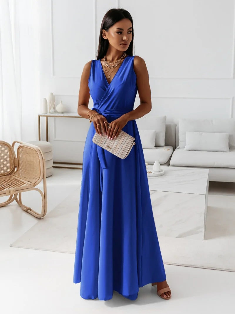 Fantine | Robe Maxi Femme Élégante Sans Manches Ceinture Taille Col V