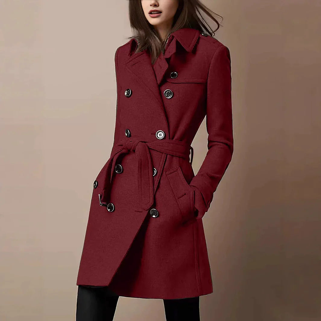 Denise | Manteau Femme Mi-Long Cintré en Texture Laine, Double-Boutonnage avec Ceinture et Col à Revers
