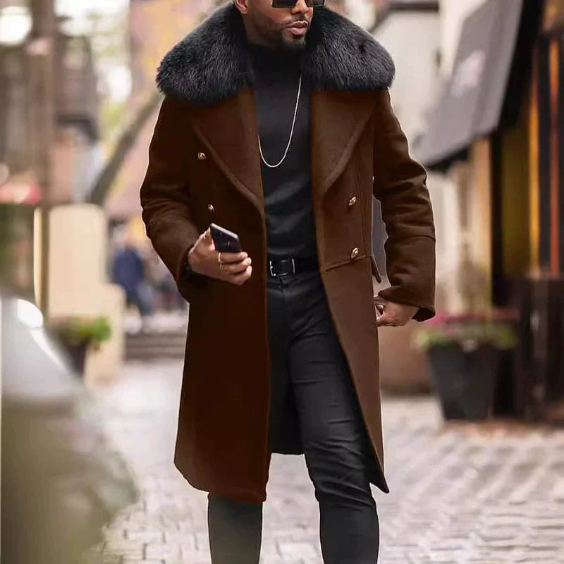 Francis | Manteau Homme Oversized Laine Mélangée Col Fourrure Doublé Double Boutonnage