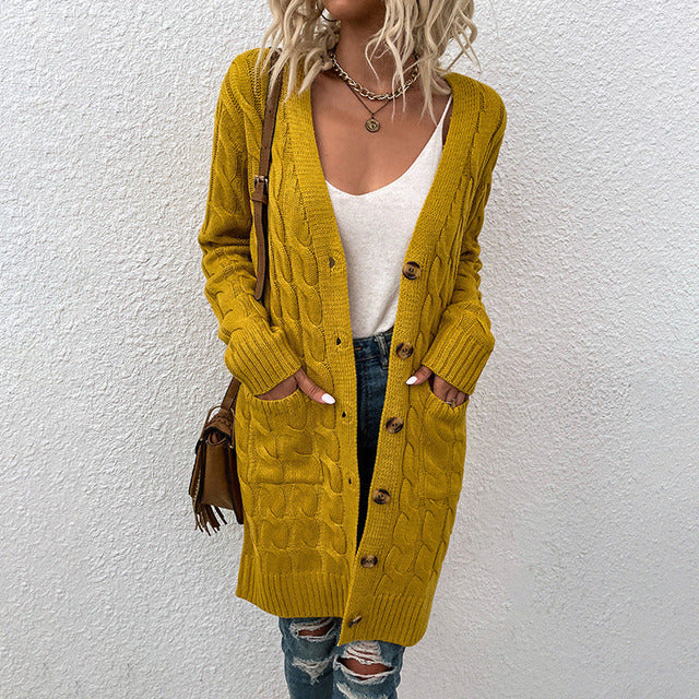Albane | Cardigan Long Boutonné en Maille Texturée avec Poches pour Femme